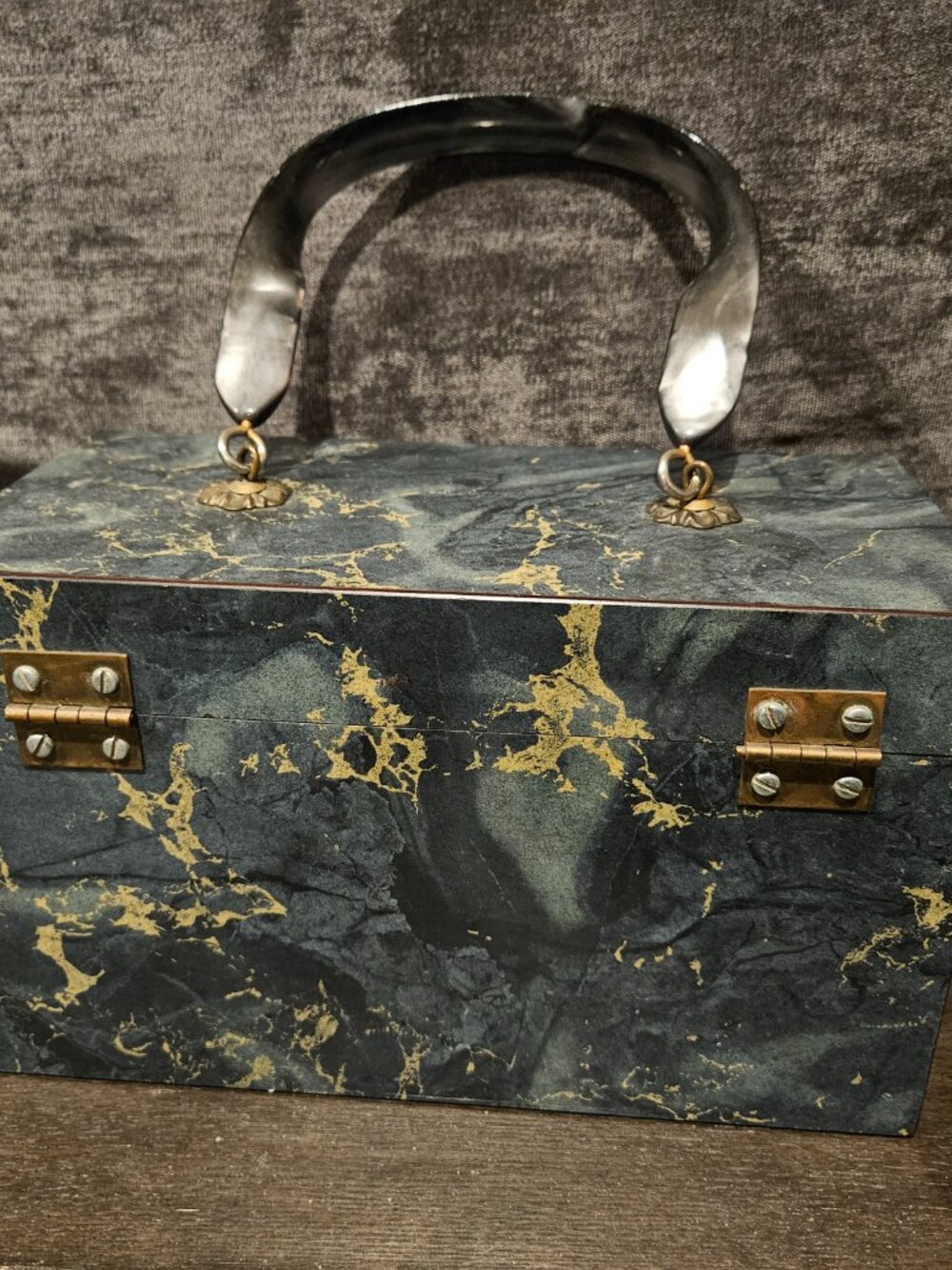 Vintage Box Purse Marbled Wood With Lucite Handle 1950s 1960s - Picture 6 of 11